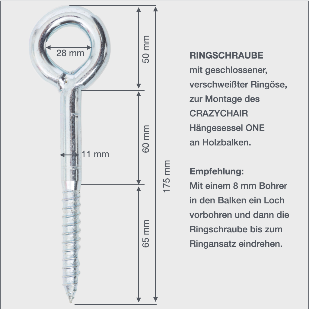 Technische Zeichnung der Ringschraube für Holzmontage – Maße und Montagehinweise für sichere Hängesessel-Aufhängung